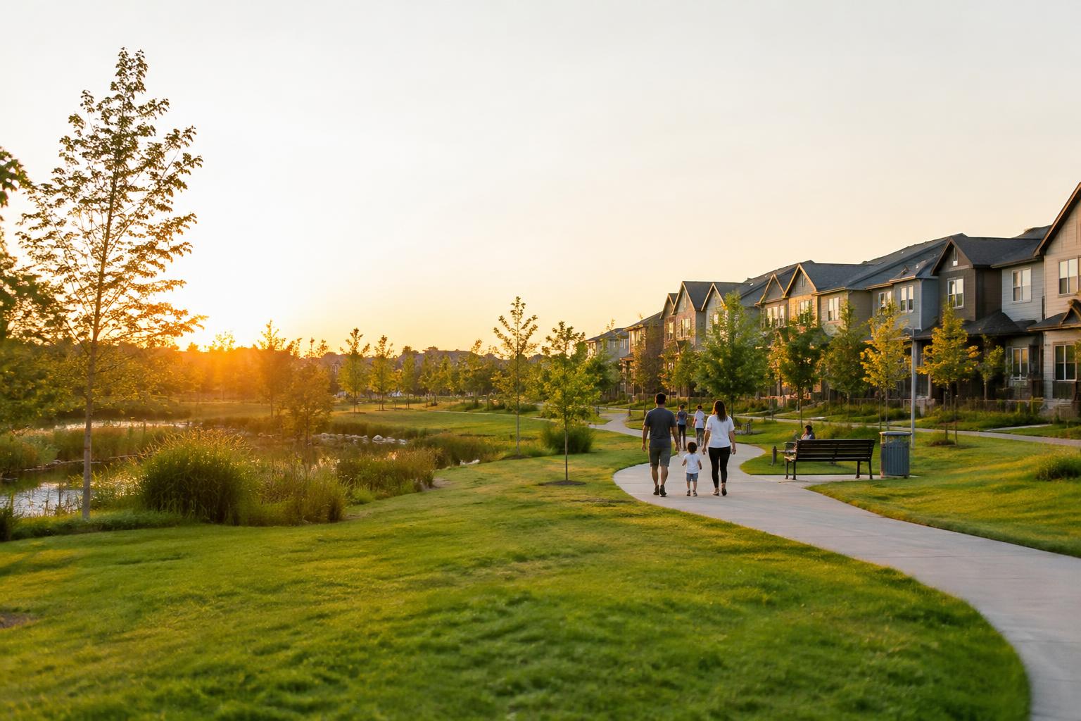 Families walking through a new neighborhood park